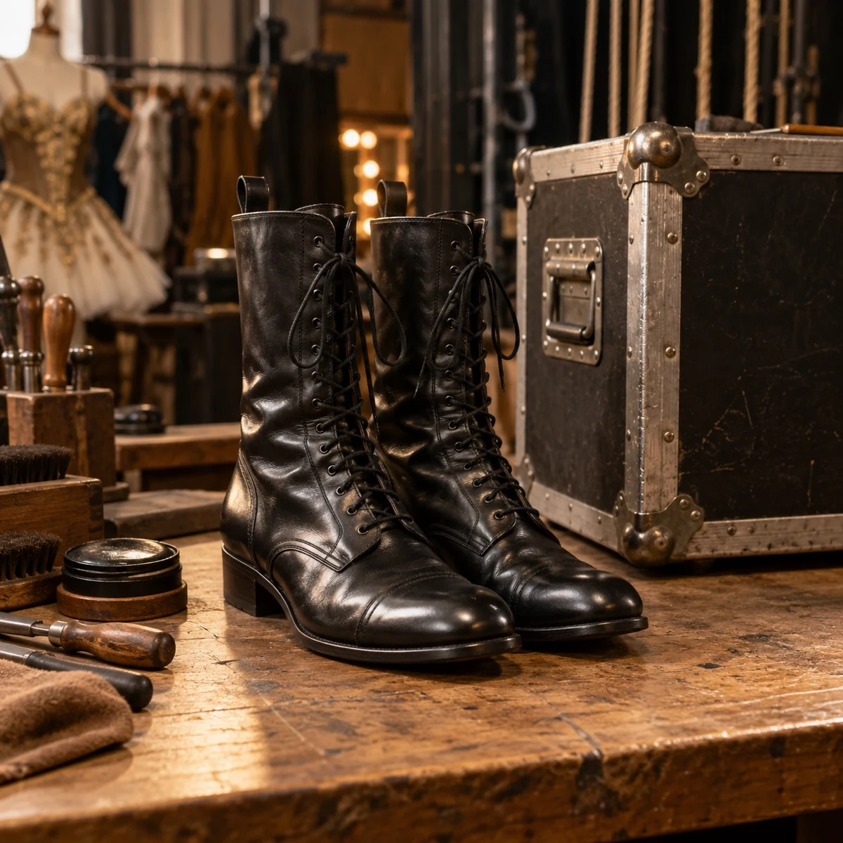 Leather boots beside stage equipment