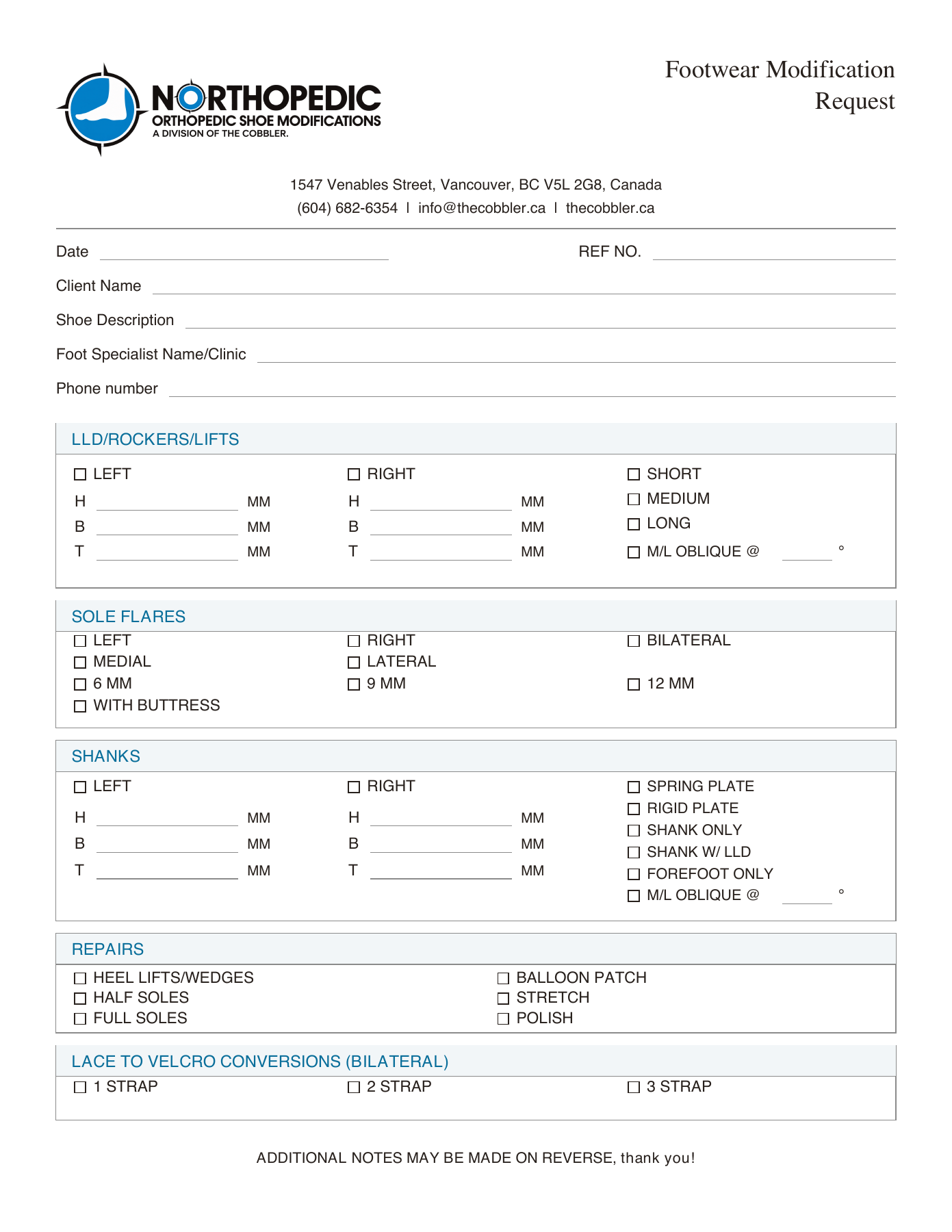 Northopedic footwear modification prescription form with current Venables Street contact details
