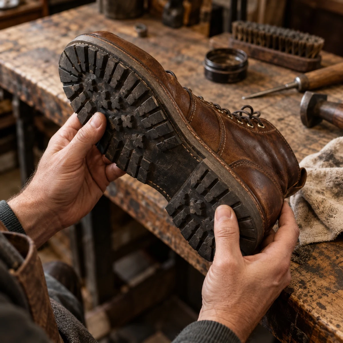 A cobbler replacing a worn boot sole